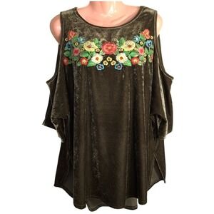 Umgee Women's Top/Tunic‎ Size M Olive Green Velvet Embroidered Floral Sleveless